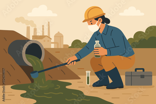 Environmental scientist taking a water sample from industrial wastewater pipe. Ecologist monitoring pollution from factory. Concept of water quality control, analysis, and research.