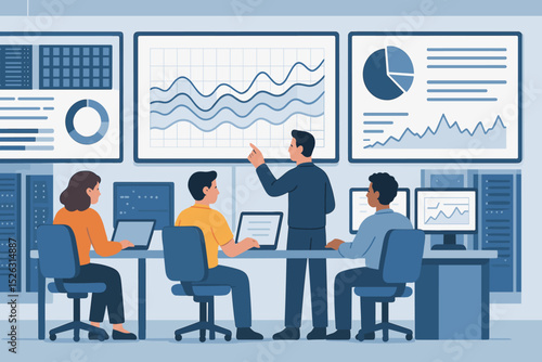 Team of analysts working in a data center control room. Business people monitoring statistics on a dashboard. Presentation with charts and graphs. Data analysis and business intelligence.