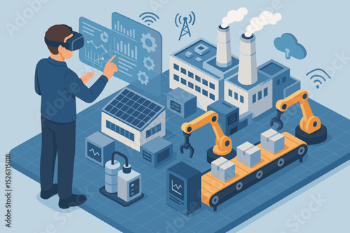 Isometric illustration of an engineer using a VR headset for smart factory management. A concept for Industry 4.0, the metaverse, and digital twin technology with robotic arm automation.