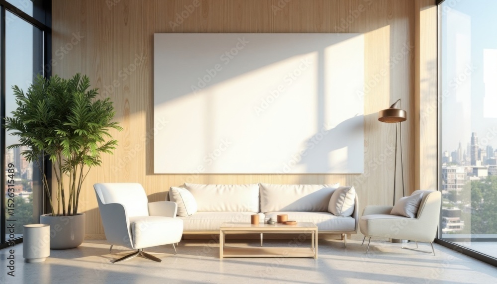 Fototapeta premium Modern Minimalist Living Room Interior Design with City View