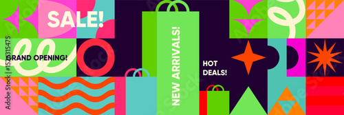 Grand opening vector promo with hot deals text, abstract shopping bags, curved lines, and vibrant shapes on a geometric banner layout.