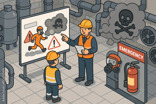 Industrial safety training concept. Supervisor explains hazardous material risks to an employee. Workplace safety briefing with PPE, emergency equipment, and evacuation plan.