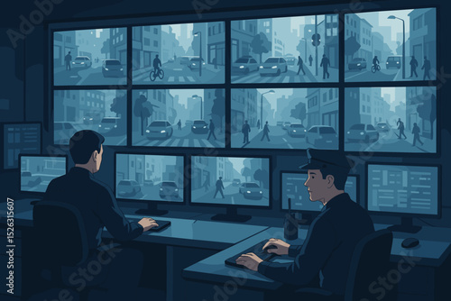 Security guards in a surveillance control room monitoring city streets on a video wall. CCTV system for public safety and law enforcement. Concept of urban monitoring and technology.