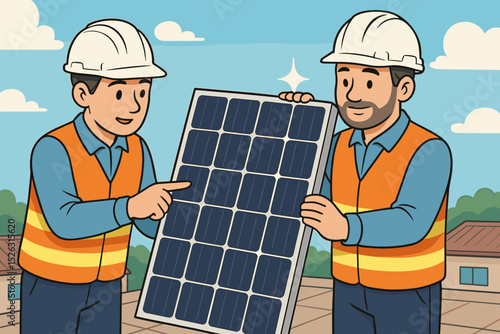 Engineers installing a solar panel on a roof. Technicians teamwork on a renewable energy project. Men in hard hats holding a photovoltaic cell. Green power industry vector illustration.