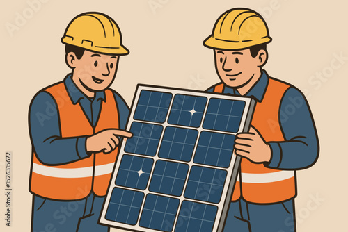 Engineers installing a solar panel. Two workers in hard hats and safety vests with a photovoltaic module. Renewable green energy technology concept. Teamwork and sustainability.