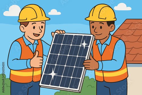 Team of diverse engineers installing a solar panel. Concept for renewable energy and sustainability. Workers in hard hats on a house roof. Green power, teamwork, photovoltaic technology.