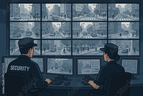 Security guards in a control room watching a city on CCTV monitors. Concept of surveillance, public safety, monitoring system, urban control, modern technology, and law enforcement.
