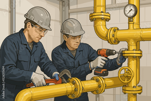 Team of industrial workers doing pipeline installation and maintenance. Two plumbers in hard hats with wrench and drill repairing a yellow gas pipe system in a factory plant.