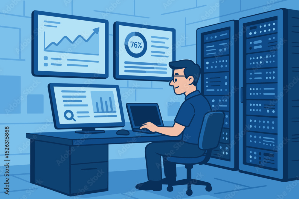 IT specialist in data center server room. System administrator monitoring network performance on dashboard. Man at computer analyzing big data charts and graphs. Vector illustration. IT specialist in data center server room. System administrator monitoring network performance on dashboard. Man at computer analyzing big data charts and graphs. Vector illustration.