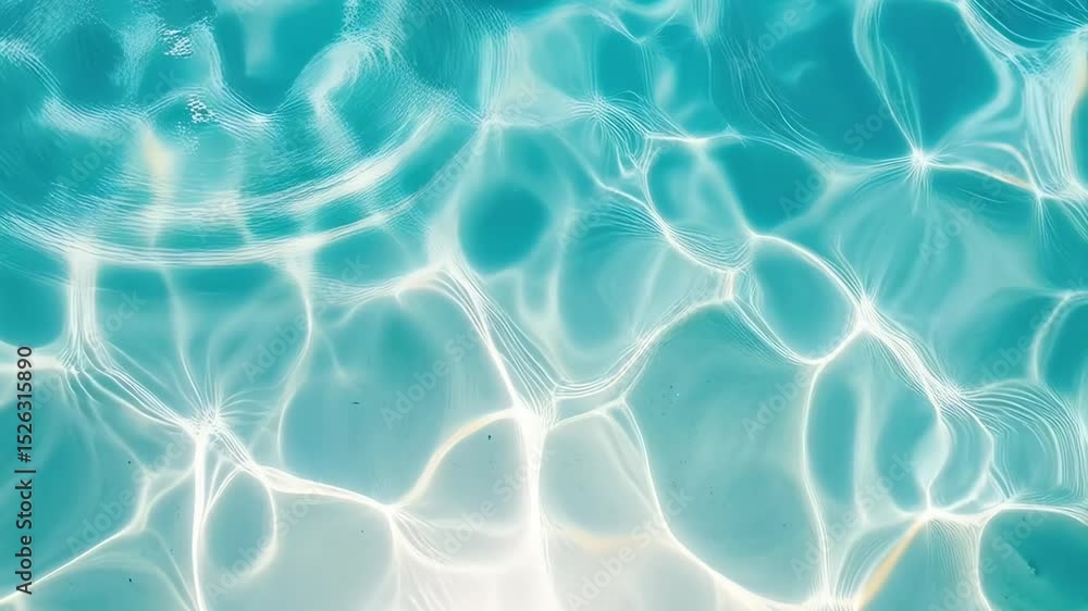 Sunlight creating hypnotic caustics pattern under clear turquoise water surface creating abstract textures and shapes in a swimming pool. Sunlight creating hypnotic caustics pattern under clear turquoise water surface creating abstract textures and shapes in a swimming pool.