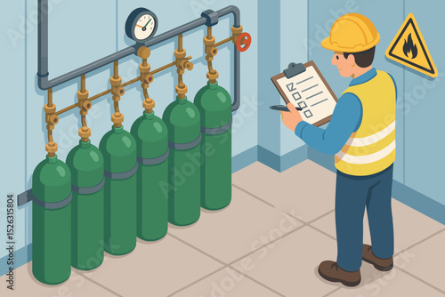Isometric illustration of an engineer performing a safety inspection on an industrial gas pipeline. Technician with clipboard checks pressure gauges on flammable gas cylinders. Maintenance.