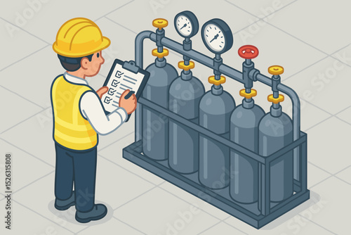 Engineer with clipboard inspecting industrial gas cylinders. Technician performs safety check on pressure tanks. Isometric vector illustration of maintenance, manufacturing and quality control.