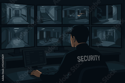 Security guard monitoring CCTV camera footage on multiple screens in a dark control room. Night shift operator working on a computer. Concept of safety, surveillance and protection.