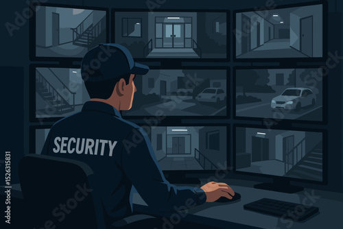 Security guard monitoring CCTV cameras in a dark control room. Man at work on night shift watching surveillance video screens. Safety, protection and technology concept illustration.