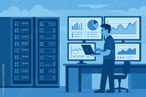 IT specialist monitoring data analytics on multiple computer screens in server room. System administrator working on laptop in a data center. Network management vector concept.