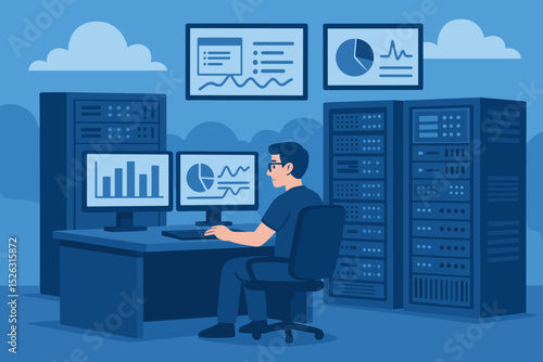 System administrator man working on computer in server room. Network engineer monitoring data analysis dashboard. IT support, technology, and big data concept flat illustration.