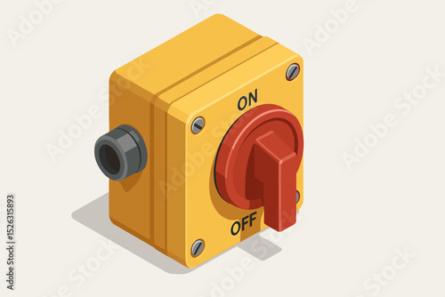 Isometric industrial power switch vector illustration. Red on off button on a yellow box. Electrical control panel for machinery. Safety disconnect, start stop, energy concept.