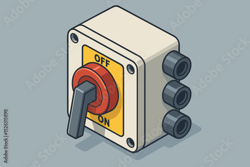 Industrial power switch isometric illustration. Manual rotary controller with on and off lever. Electrical safety disconnect box. Main circuit breaker for machinery. Vintage style.