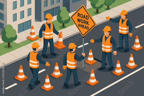 Road work ahead concept with construction workers team setting up traffic cones and safety sign on a city street. Isometric vector illustration of urban road repair and maintenance.