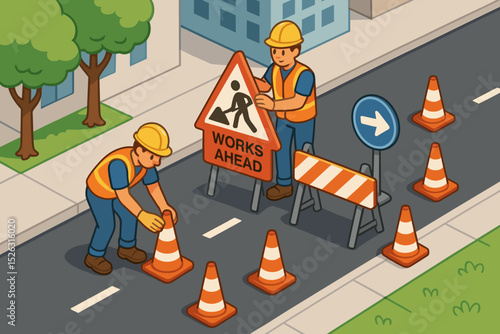 Road maintenance workers on a city street. Construction team setting up safety cones and a works ahead sign. Detour and repair work. Isometric vector cartoon illustration.