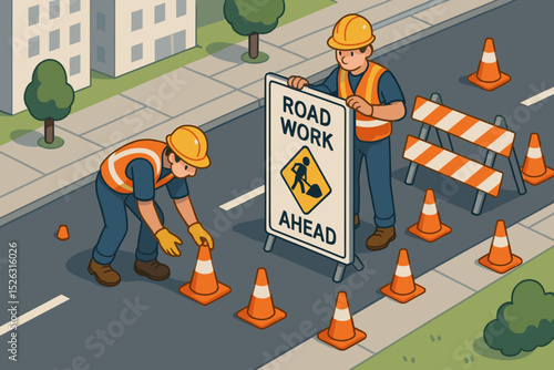 Isometric vector illustration of construction workers doing road maintenance in the city. Team with safety cones and road work ahead sign. Urban infrastructure repair concept.