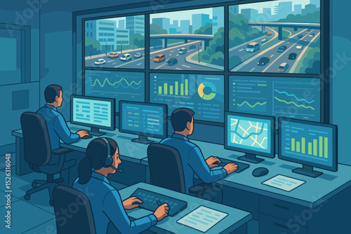Smart city traffic management concept with operators in a control room. Command center team analyzing data on screens. Urban surveillance monitoring highway with system dashboard.