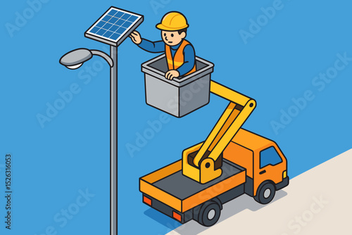 Technician on an aerial lift platform servicing a solar panel for a city streetlight. Cartoon vector illustration of green energy installation and urban infrastructure maintenance.