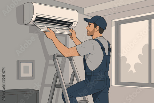 HVAC technician servicing an air conditioning unit. Professional repairman on a stepladder cleaning or installing a new filter. AC repair and maintenance worker cartoon vector.