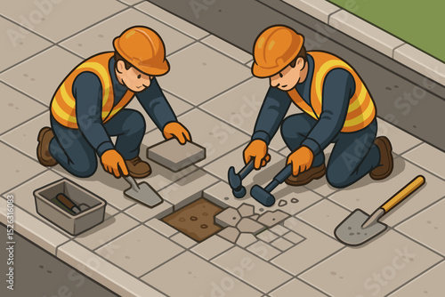 Construction workers repairing a sidewalk together. Team of builders in hard hats laying pavement stones. Roadwork maintenance and infrastructure improvement concept illustration.