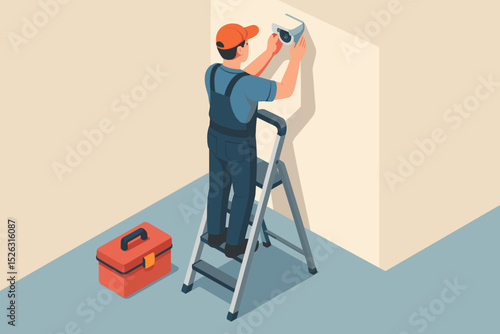 Isometric illustration of a technician installing a CCTV security camera. Worker on a ladder setting up a surveillance system for home or office security. Handyman with toolbox.