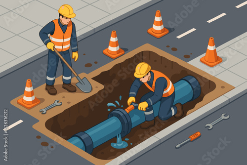 Isometric illustration of pipeline maintenance. Workers or plumbers repairing a leaking water main under the street. Emergency road work, fixing a burst pipe. Utility infrastructure.