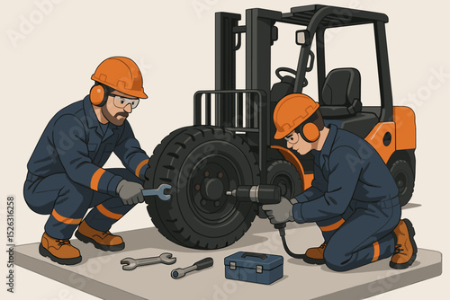Forklift repair service concept. Two mechanics working on a lift truck wheel with tools. Industrial maintenance team in safety gear, hard hats, and uniforms. Vector illustration.
