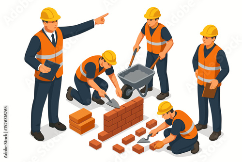 Isometric construction team with foreman leading builders. Vector illustration of workers building a brick wall. Concept of teamwork, leadership, and real estate development.