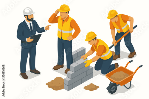 Isometric construction team with manager supervising builders. Foreman or architect giving instructions to workers on building site. Men laying bricks, doing masonry. Teamwork vector.