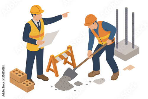 Isometric construction team concept. Engineer manager with blueprint gives instructions to a worker. Builder with shovel on a building site. Industry teamwork, leadership, architecture.