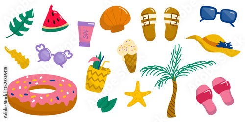 Summer Vector Set with Vacation and Beach Icons. Colorful vector illustration of summer set with ice cream, sunglasses, flip flops, palm, donut, watermelon, cocktail, SPF, and more.
