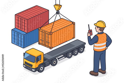 Isometric vector illustration of a worker supervising container loading onto a truck with a crane. Logistics, shipping, and freight transport concept. Cargo industry supply chain.