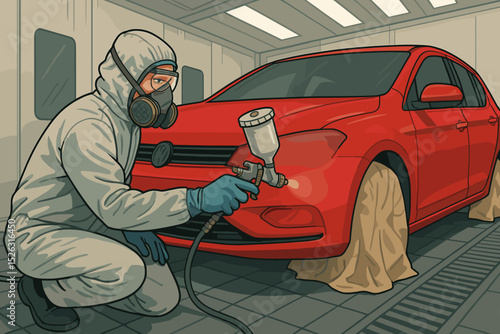 Professional auto body painter in a protective suit and respirator mask spraying a red car. Automotive refinishing service concept. Worker using a spray gun in a paint booth.