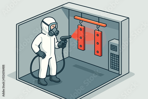 Industrial painting process with worker in protective hazmat suit and respirator mask. Man using a spray gun for coating metal parts in a factory booth. Isometric vector illustration.