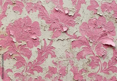 A close-up of an old, peeling wallpaper with pink floral patterns