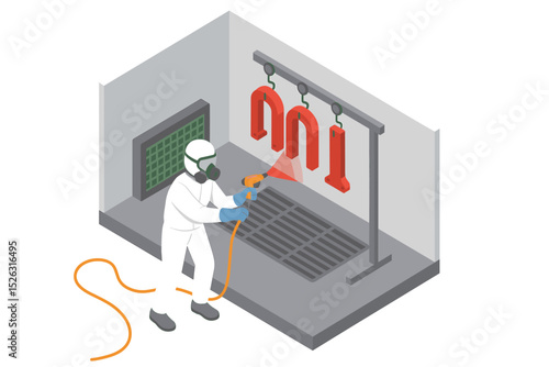 Industrial spray painting process in a factory paint booth. Worker in a protective hazmat suit and respirator using a spray gun to coat metal parts. Isometric vector illustration.