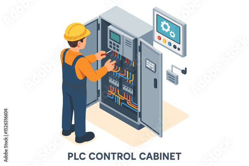 Isometric illustration of a technician fixing a PLC control cabinet. Electrician working on an electrical panel with wiring for industrial automation. Maintenance and repair service concept.