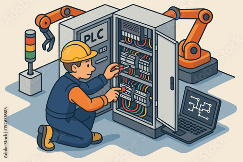 Electrician engineer fixing PLC control cabinet in factory. Technician at work, industrial automation maintenance. Robotic arm technology, worker repairing electrical wiring vector.