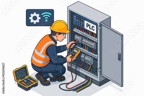 Electrician technician working on a PLC control cabinet. Industrial worker using a multimeter for maintenance and repair. Electrical panel automation. Isometric vector illustration.