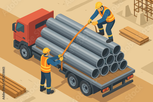 Isometric vector of construction workers securing a load of metal pipes on a flatbed truck. Team of builders fastening cargo with straps. Industrial transport and logistics concept.