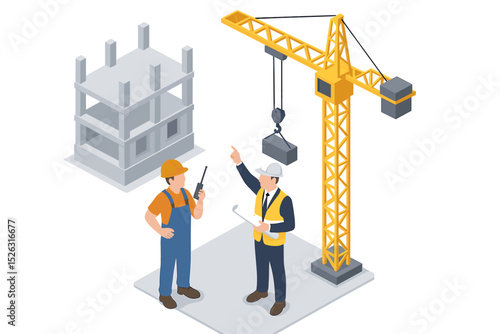Isometric construction site teamwork concept. Engineer or architect with blueprints supervising a builder with walkie-talkie. Tower crane lifting block for building development.