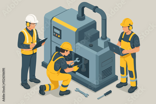 Isometric illustration of an industrial maintenance team. Engineers and mechanics repairing factory machinery. Worker with wrench, technician with laptop, supervisor inspecting.