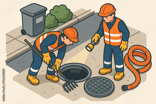 City drainage inspection vector illustration. Sanitation workers cleaning a sewer manhole on the street. Public utility service, infrastructure maintenance, and pipeline repair concept.