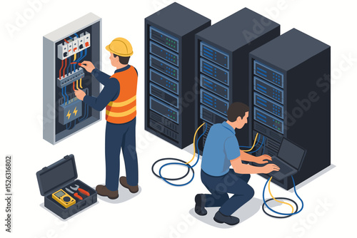 Isometric data center scene. IT specialist engineer configuring server rack with laptop. Electrician technician performs maintenance on an electrical panel. Network administration concept.