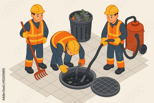Isometric vector illustration of sanitation workers cleaning a city drainage system. Team of public utility workers in uniform performing sewer maintenance and manhole inspection.
